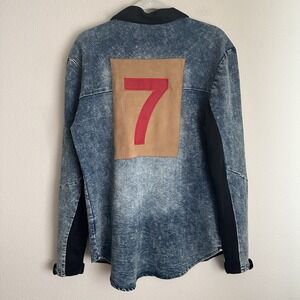 Vie Riche Button Up Shirt Mens Large Blue‎ Acid Wash Suede Collar Back Patch 7